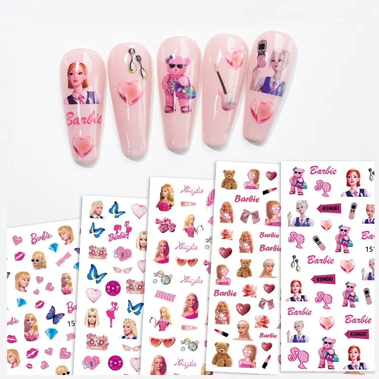 Adhesivo de dibujos animados lindo muñeca niñas ojos mariposa dulce corazón Rosa figura impresión Nail Art calcomanías pegatinas