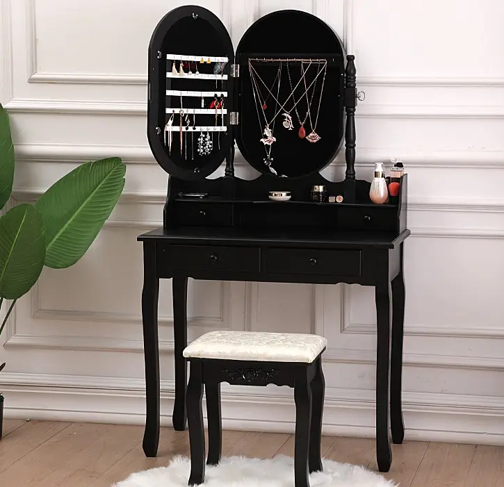 Tocador de madera para dormitorio, mesa de maquillaje con organizador de joyas, color blanco y negro, novedad de 2021