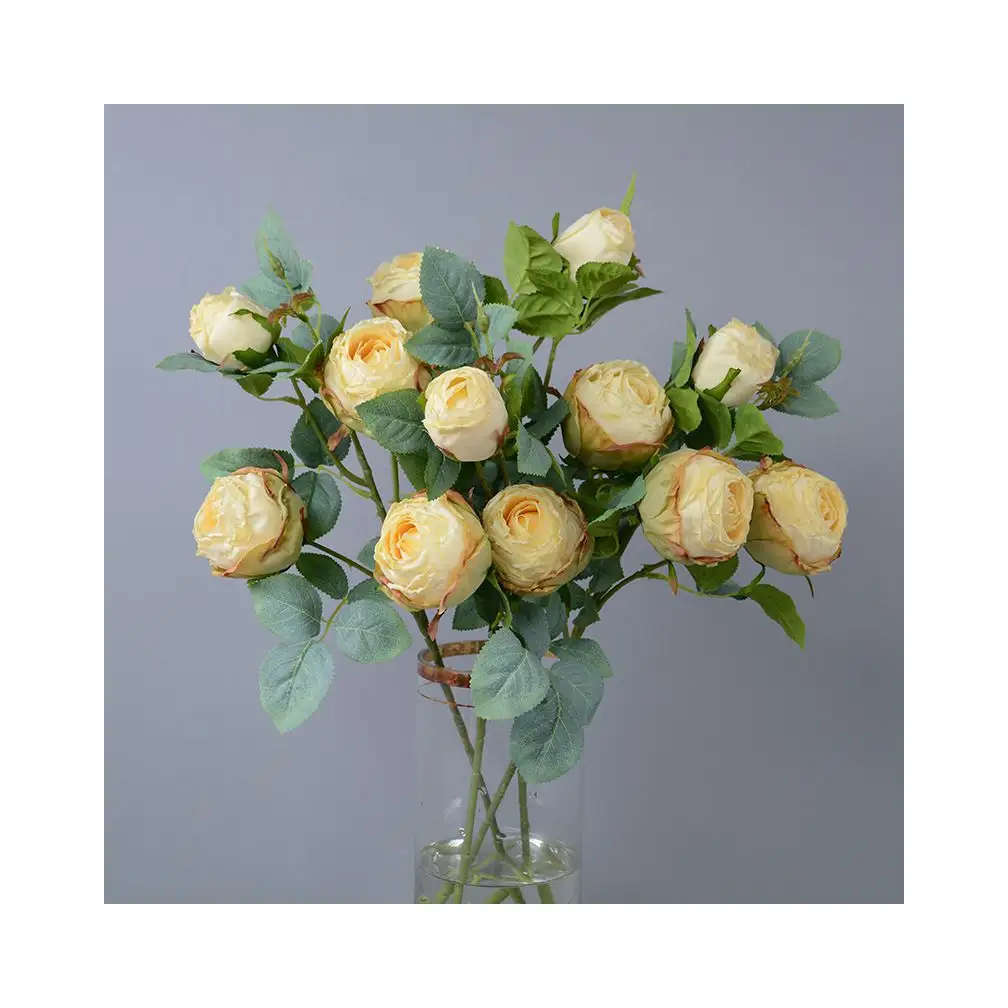 Saldi all'ingrosso 3 teste di fiori artificiali sfuse di seta con bordo bruciato rosa lungo ramo Vintage Rose artificiali fiore da sposa
