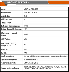 Bandeja original AMD RYZEn 7 9800X3D ocho núcleos AMD 9000 serie CPU4.7 GHz 120W TDP AM5 120W procesador de escritorio - Product Image 6