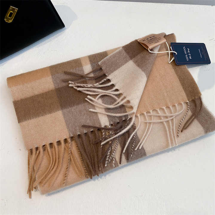 Custom Logo 32x188cm Tartan Wool Scarf 100% Wool Winter Neck Shawl Warm Plaid Pattern Long Shawl for Women and Men Ready to Ship