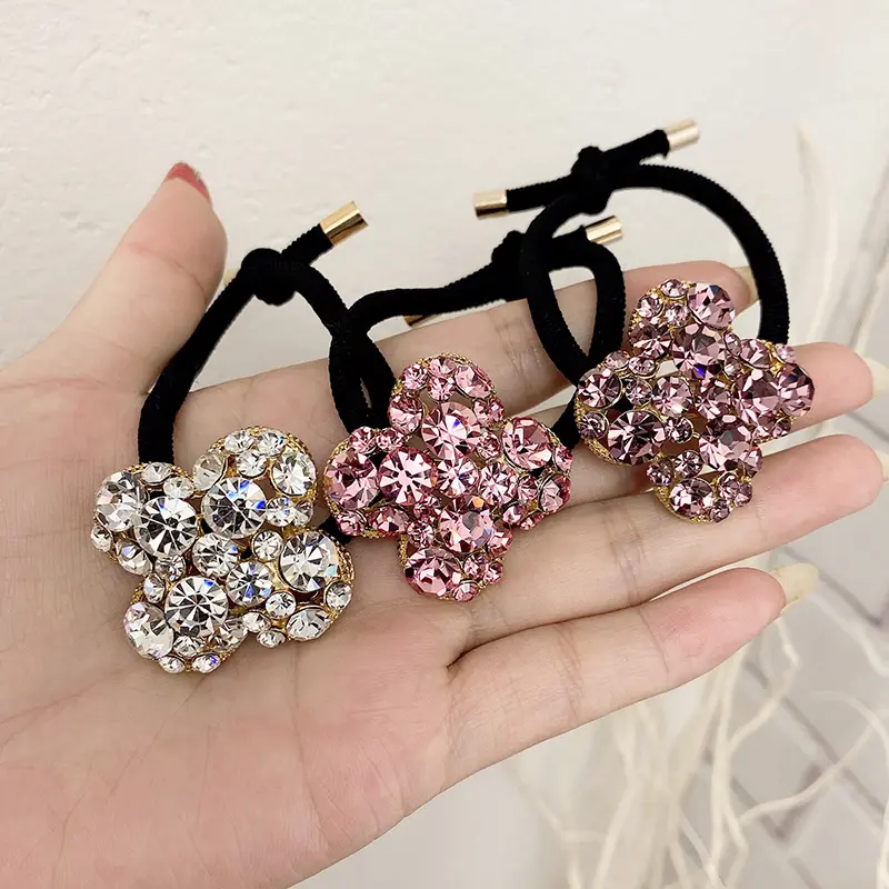 Moda şanslı dört yapraklı yonca Scrunchies kız renkli Glitter kristal elastik at kuyruğu saç bağları kadınlar lüks saç aksesuarları