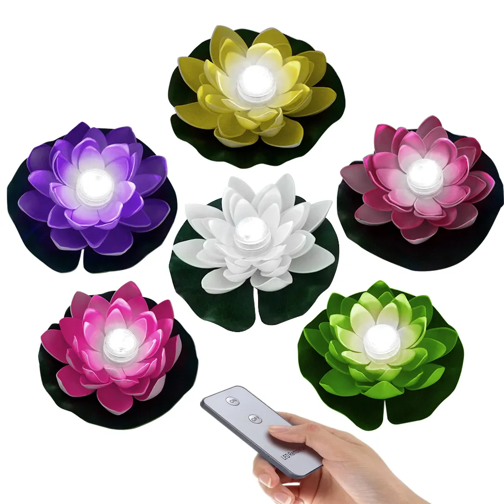 Flor de lótus flutuante, água branca de 7 polegadas com luz para decoração de casa ou piscina com controle remoto