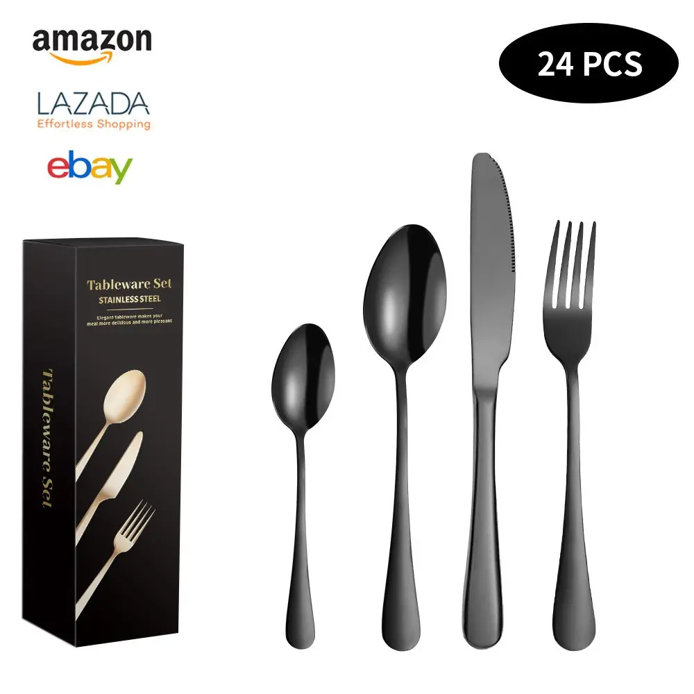 24 pcs reusable travel portable black silver gold kitchen stainless steel flatware cutlery set cutlery with