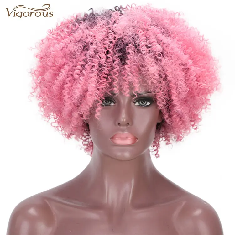 Vigorosa Cabelo Curto Perucas Encaracoladas Para Mulheres Africanas Americanas Pink Cosplay Party Halloween Peruca De Cabelo Afro Peruca Sintética Com Franja