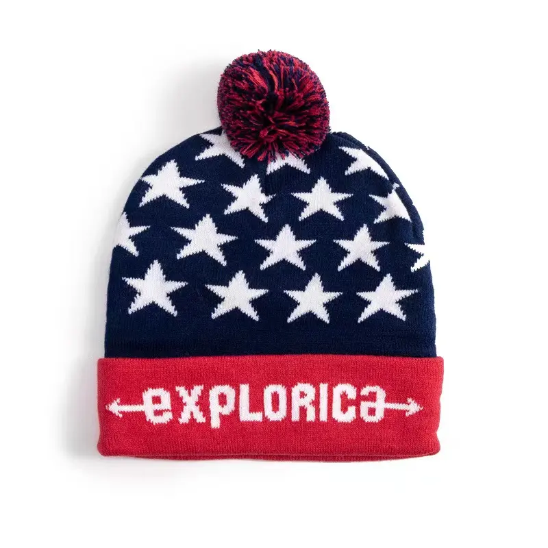 Unisex winter warm ski hat knit bobble hat acrylic jacquard custom pom pom beanie
