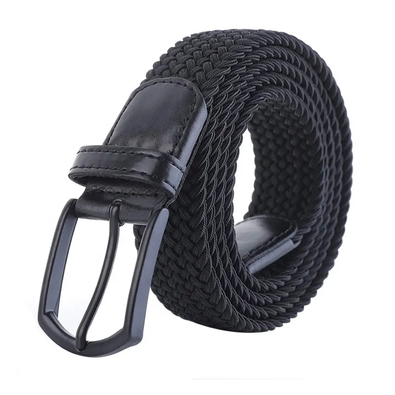 Custom Logo Men's Black Adjustable Braided Stretch Leather End Tip Elastic Woven Stretch Belt