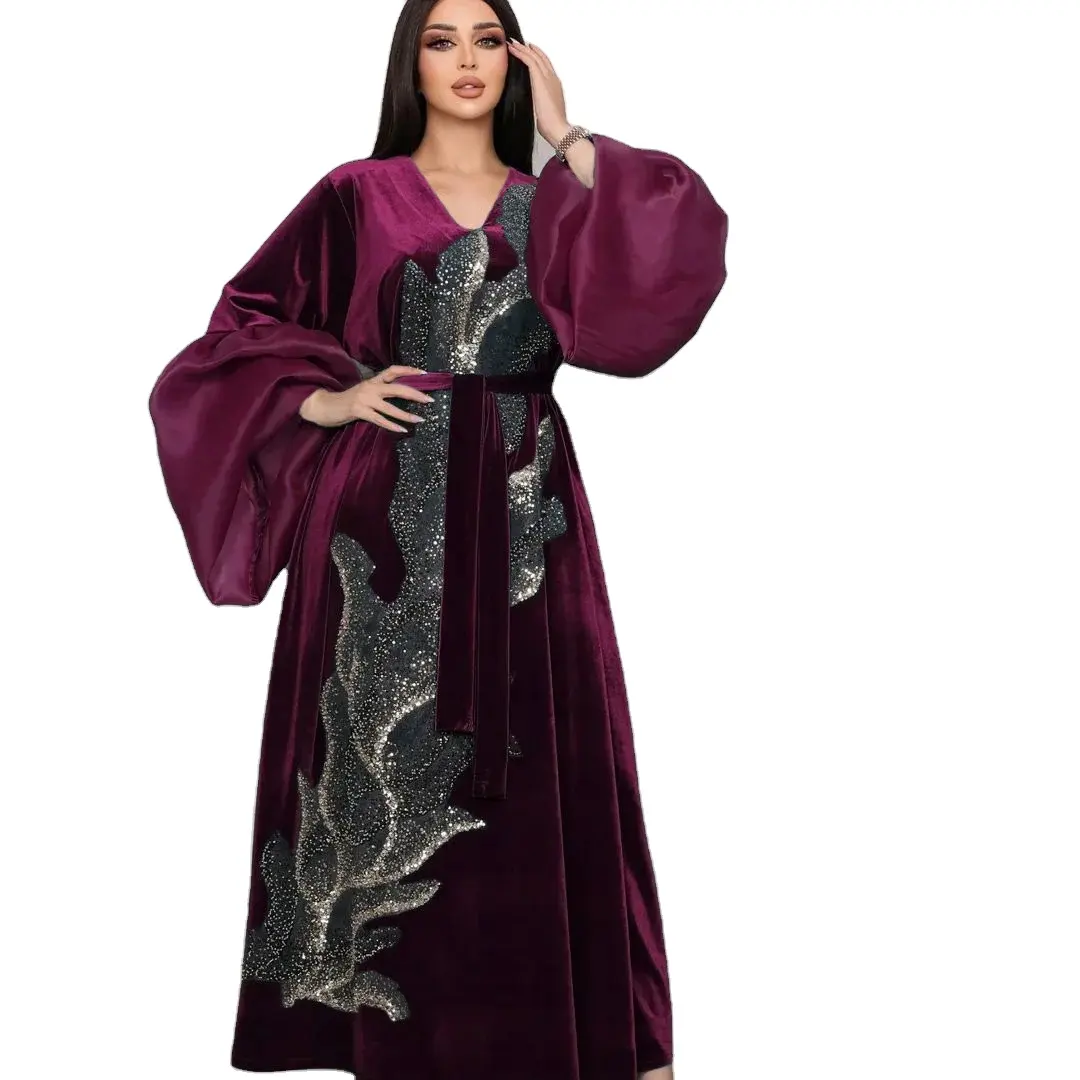 Limanying suministro Otoño e Invierno nuevo estilo terciopelo lentejuelas bordado mangas abullonadas modesto abaya vestido de noche