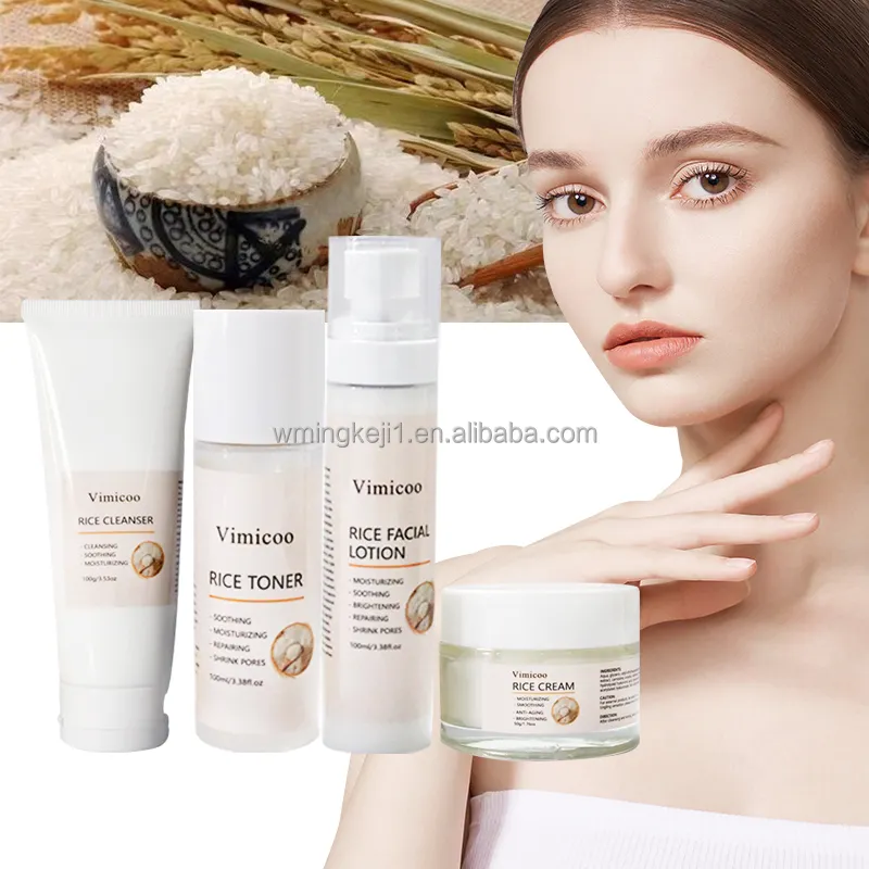 50 Sets Custom Private Label Korean Organic Skincare Rice Facial Cleanser Toner Lotion Cream 4pcs/set New Rice Skin Care Set