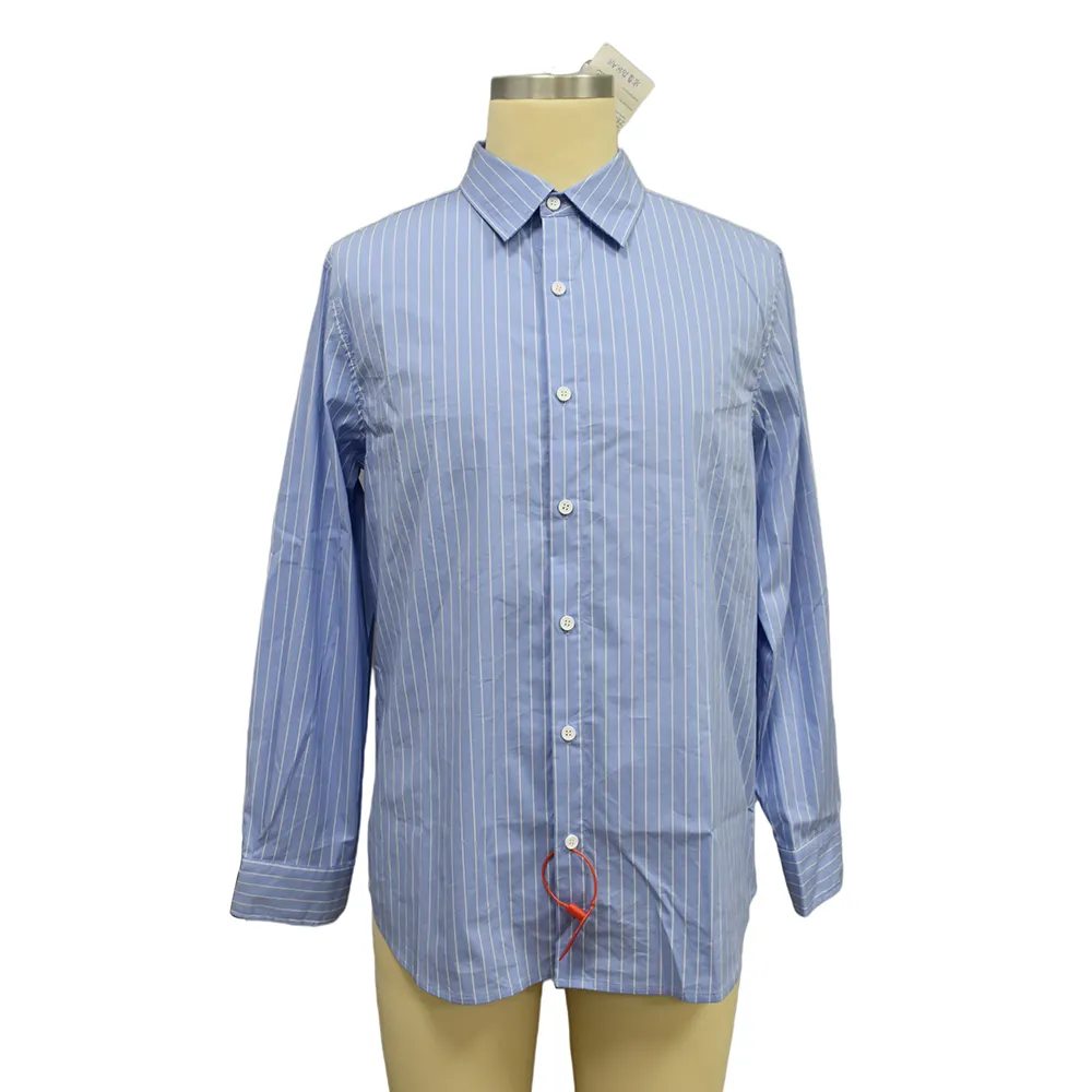 Camisa Popular para hombre, camisa a rayas azul y blanca, fabricante profesional, camisas informales de algodón 100%, patrón de rayas, tejido de manga larga