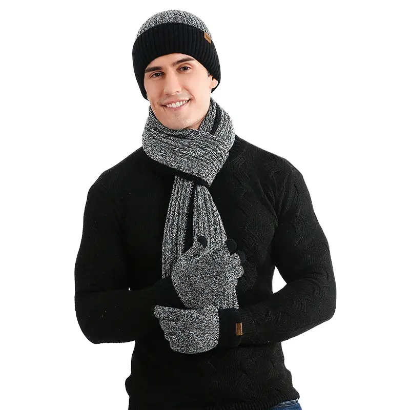 3 parça Unisex kalın kontrast örme boyun sıcak eşarp bere şapka ve dokunmatik eldiven kış setleri