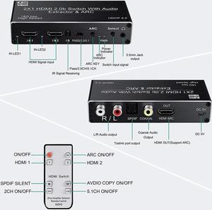 Conmutador HDMI 4K 2x1 con extractor de audio Conmutador de 2 entradas y 1 salida con extractor de audio coaxial SPDIF ARC de 3,5mm R/L - Product Image 5