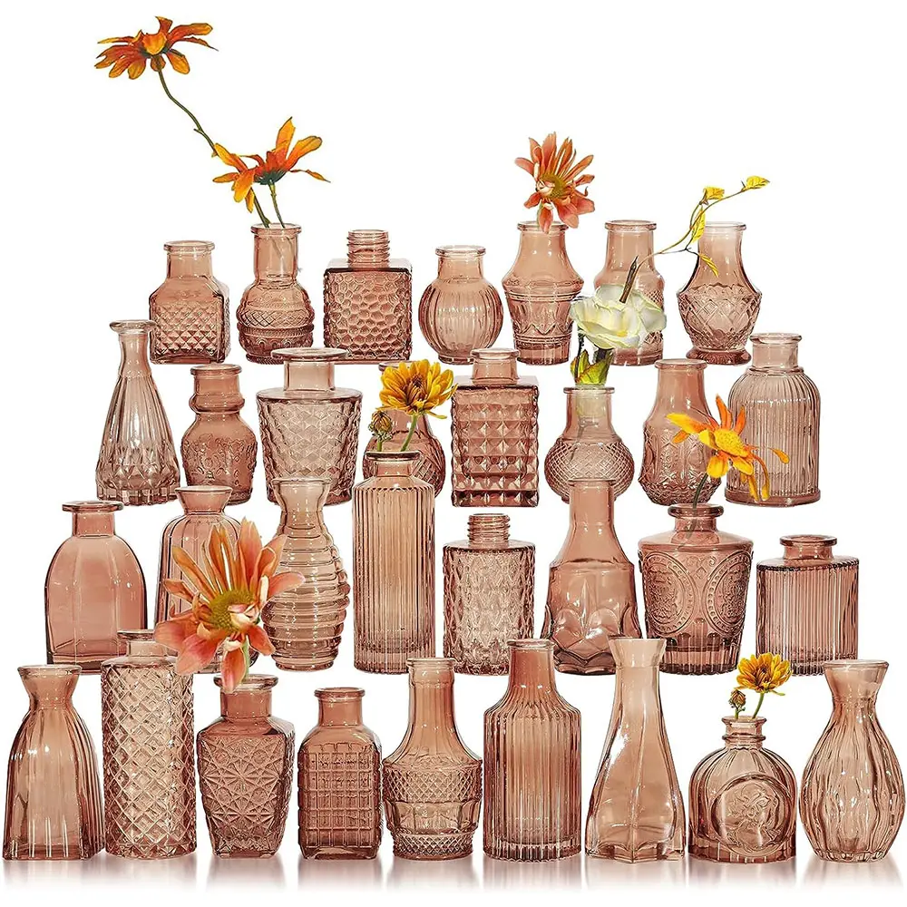 Amber Glass Vases for Centerpieces/Glass Single Bud Vase/Creative Vintage Carved Mini Table Floral Vase