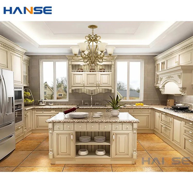 European style fitted wooden kitchens cabinets design customized luxury royal solid wood kitchen cabinet