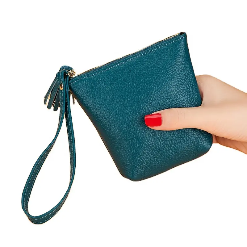 حقيبة يد صغيرة للسيدات مصنوعة يدويًا من الجلد الأصلي رفيعة مع سحاب وحلقة مفاتيح