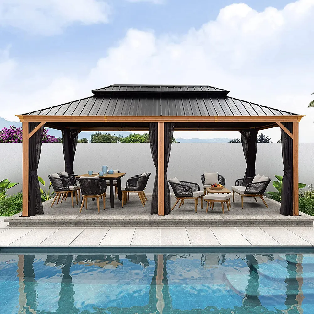 Offre Spéciale US Tentes de patio en bois dur imperméables de luxe jardin toit rigide barbecue pergola extérieure gazebos en bois aluminium