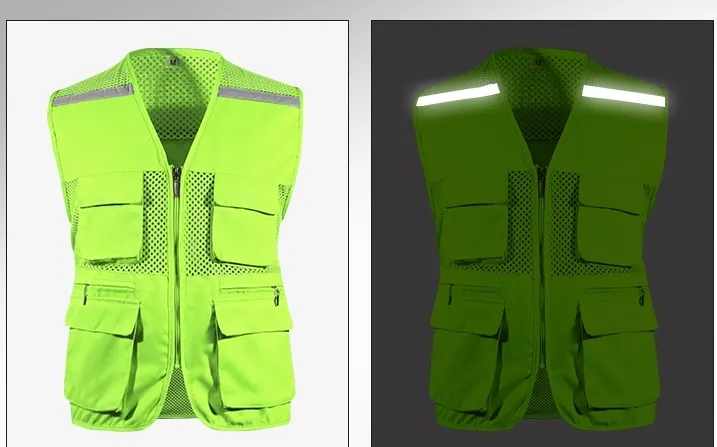 Chaleco de trabajo de uniforme de alta calidad, chaleco reflectante de trabajo de fibra de poliéster 100% sin mangas con muchos bolsillos, gran oferta