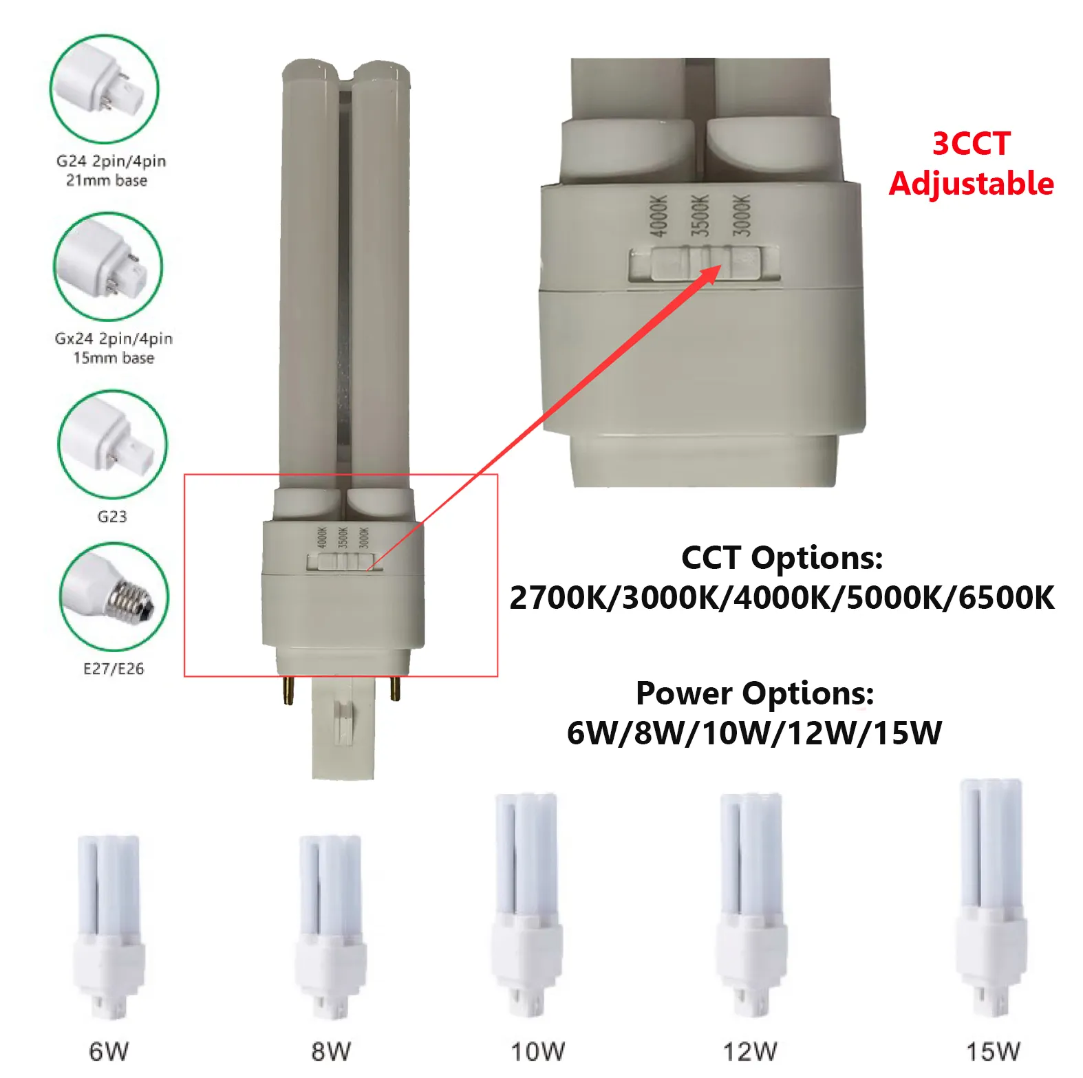 360-grad mais-led-licht CFL-ersatz G24d 2-polige Basis-LED-Glühre 3CCT wählbare 12 W mais-LED G24 PL