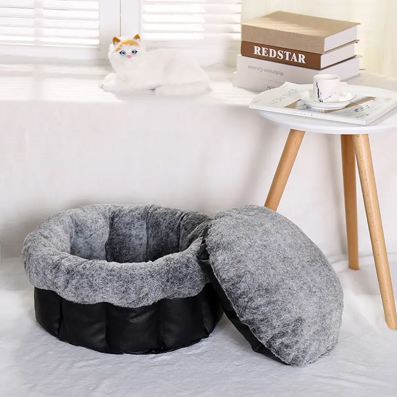 Yumuşak peluş yastık sevimli tasarım köpek evi yatak standı kaymaz köpek çekyat ısınma lüks kapalı yuvarlak köpek yatak