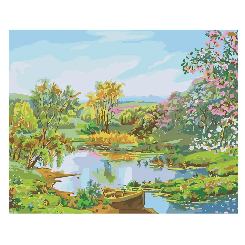 اللوحة الزيتية للأشجار الخضراء والعشب بجانب النهر الصغير ذاتية الصنع برسمة جدارية فنية زخرفية على القماش