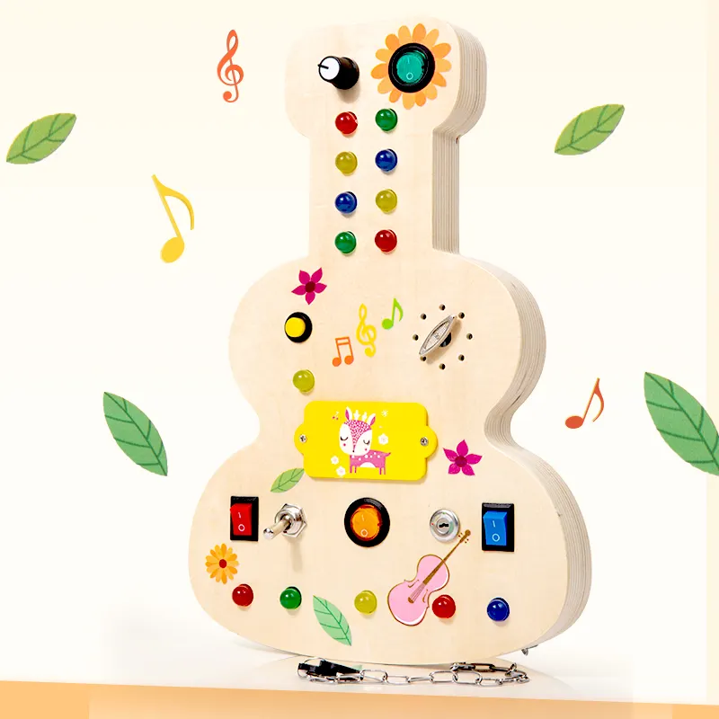 Led Light Busy Board per bambini di 3 + anni, giocattolo sensoriale per chitarra in legno per bambini autistici, giocattolo portatile Fidget per i viaggi