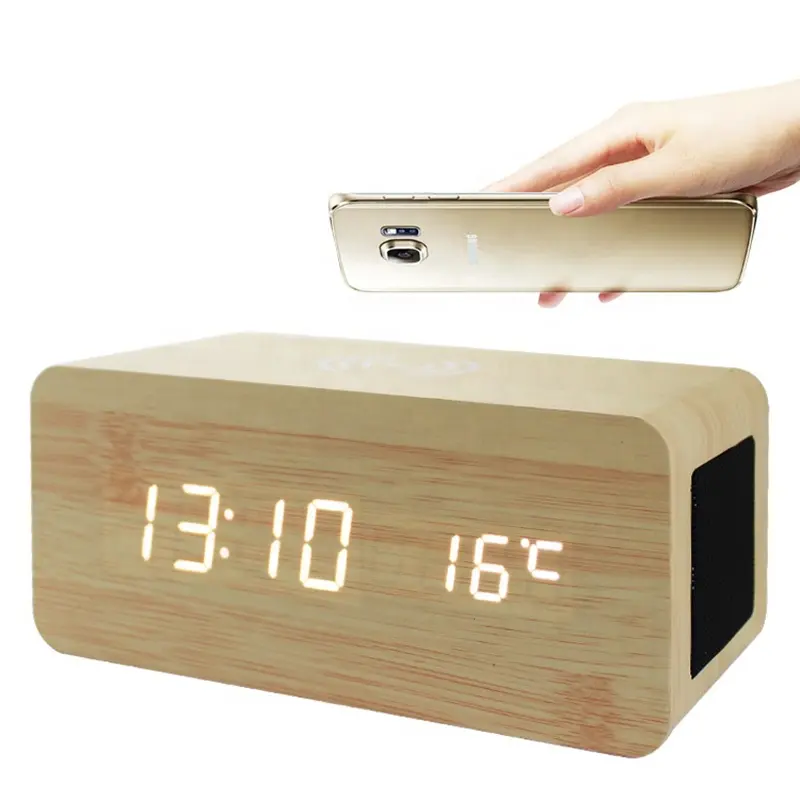 핫 세일 선물 10W Qi 무선 전화 충전 음성 제어 온도 Led 디지털 알람 시계 나무 스피커
