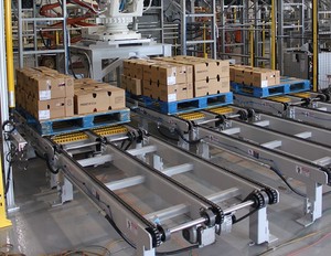 Transportador de cadena de flujo libre automático de doble velocidad, logística de almacén, sistema automatizado de transportador de palés