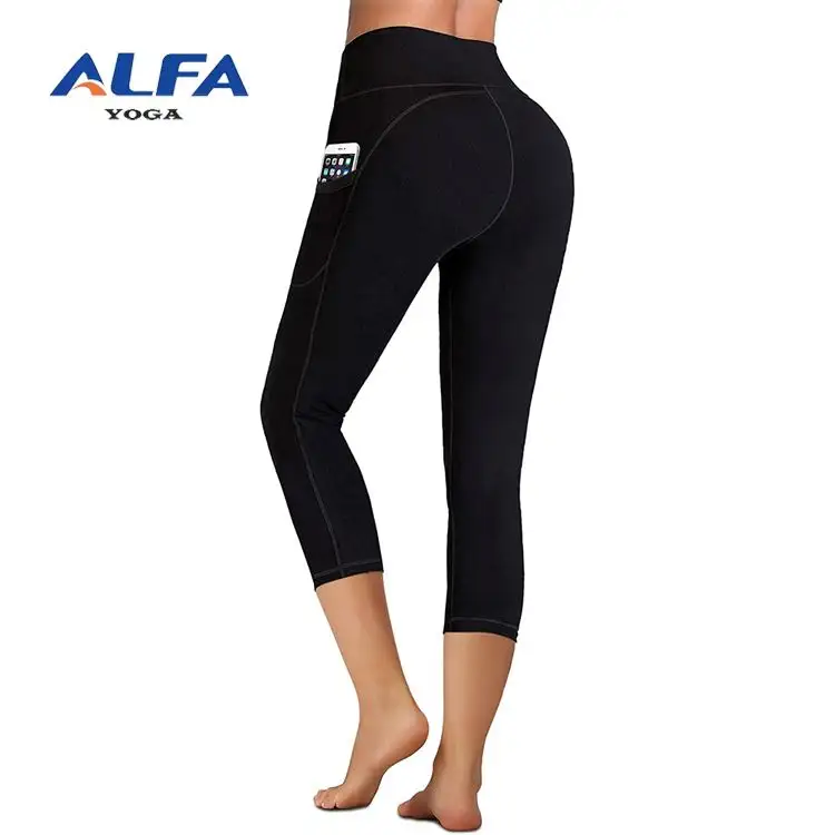 Alfa-mallas de Yoga con Control de barriga para mujer, pantalones elásticos de 4 vías, Capri sólido de cintura alta, con bolsillos