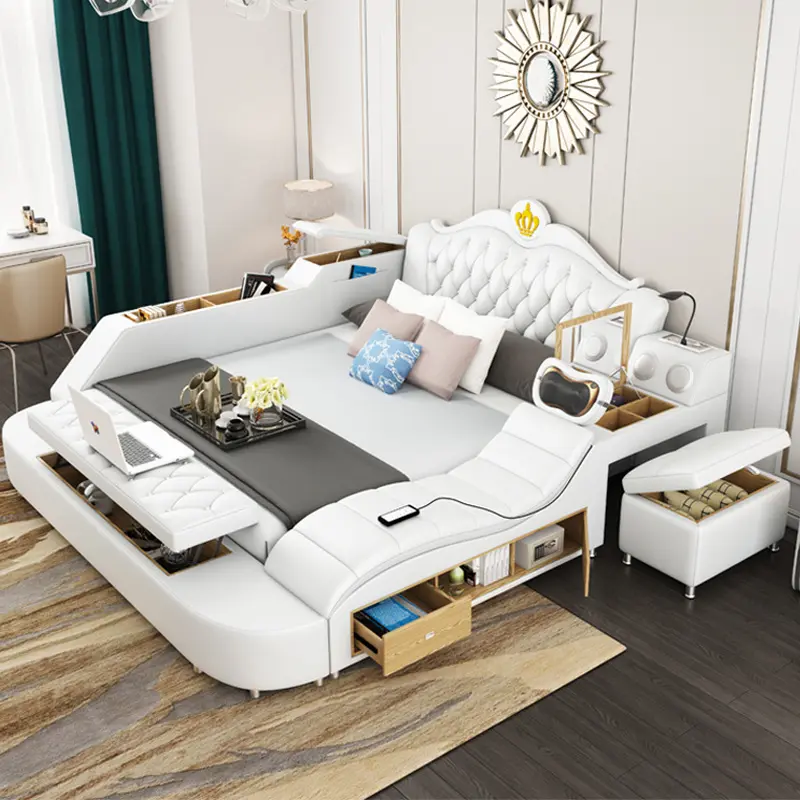 Cama inteligente multifuncional de couro, cama king size, com carregador sem fio, massageador para quarto, móveis com armazenamento, 2023