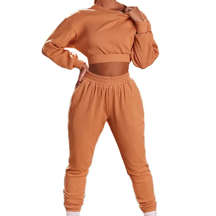 Brown Long Sleeve Slimming Damen Crop Top Hoodie und Long Pants Damen Hip Hop Freizeit Sporta nzug