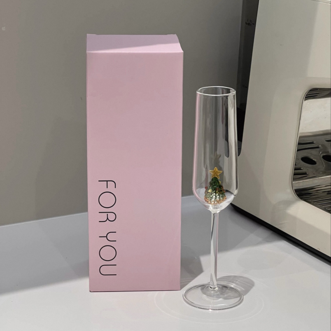 Nouveau verre à champagne plaqué or, sapin de Noël vert, paquet unique