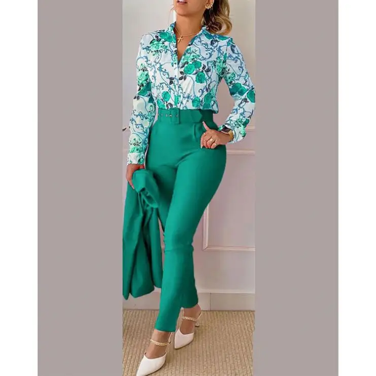 Conjunto de mujer otoño 2022 gran oferta un hombro Crop Tops Vintage estampado de cintura alta pantalones de pierna ancha Casual elegante conjunto de 2 piezas