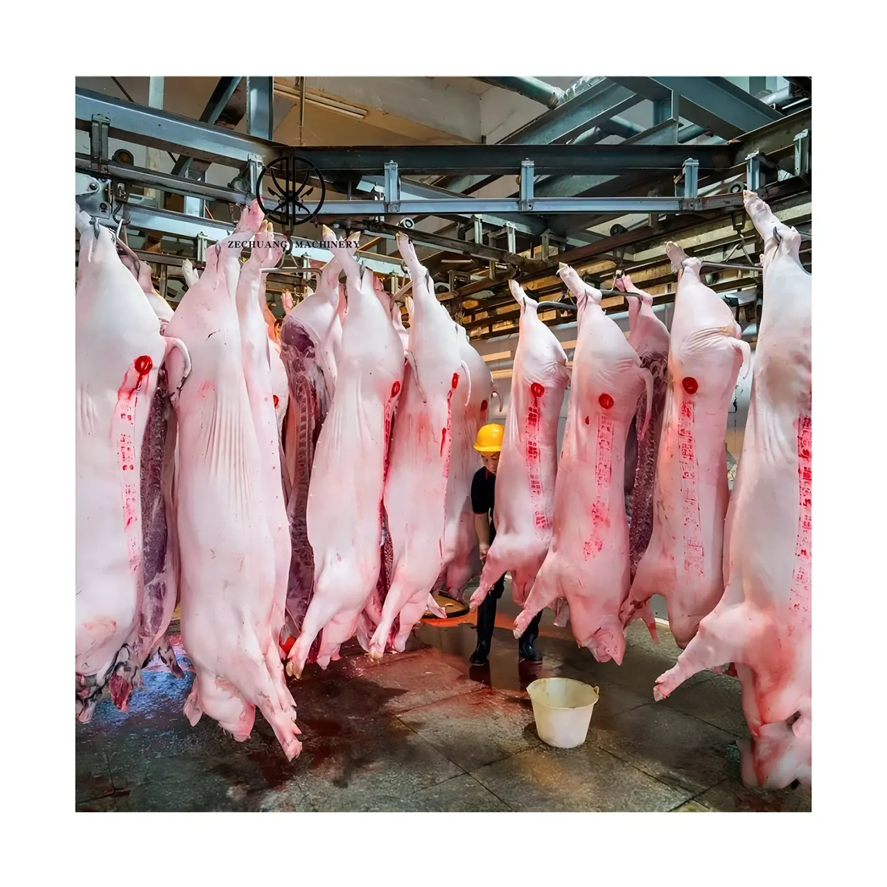 Tam komple domuz kesim ekipmanları işleme 500 domuz karkas Abattoir paslanmaz çelik el itme çift parça kasnak kanca