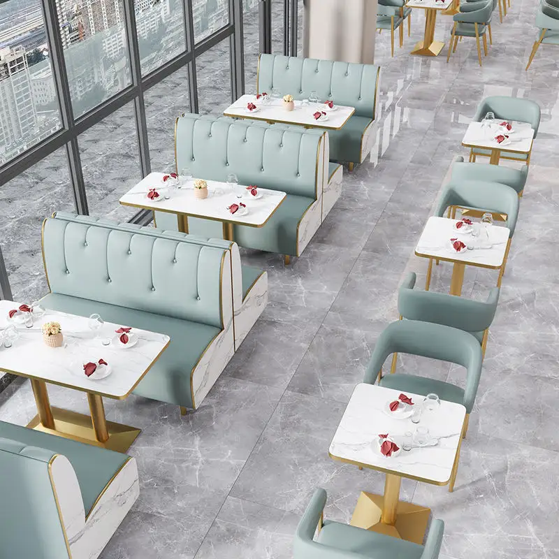 Conjuntos de muebles de restaurante modernos comerciales Café Cabina de comida rápida Asientos Sofá Juego de mesas y sillas de comedor de metal