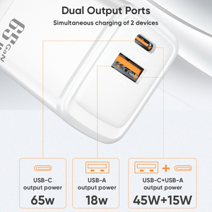 Cargador GaN de 65W, adaptador de corriente de carga rápida PD, Cargador USB C, certificado CE FCC RoHS, cargadores USB universales multifunción - Product Image 4