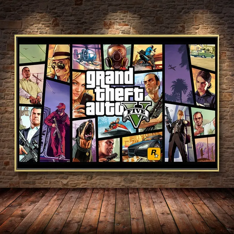 Grand Theft-Póster con estampado de GTA5 para sala de estar, pintura en lienzo para decoración del hogar, dormitorio de adolescentes, 5 videojuegos