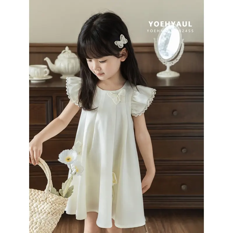 YOEHYAUL X4392 verano personalizado de alta calidad niños vestidos blancos para niñas 3D Flor Mariposa elegante satén bebé niñas vestido dulce