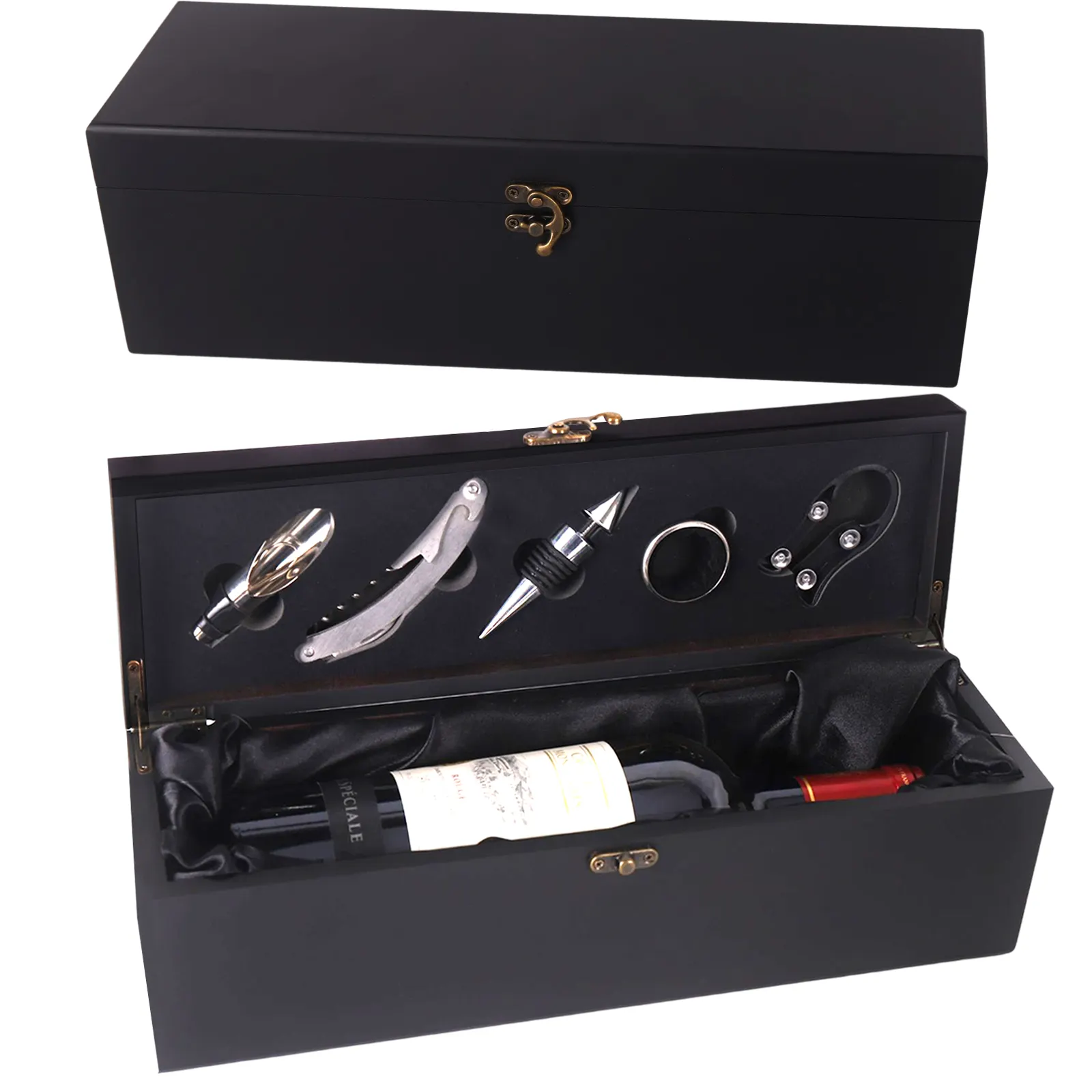 ZBPASL-vendita diretta in fabbrica Set di scatole regalo per vino in legno MDF nero con strumenti scatola per vino con apribottiglie e tappo di bottiglia