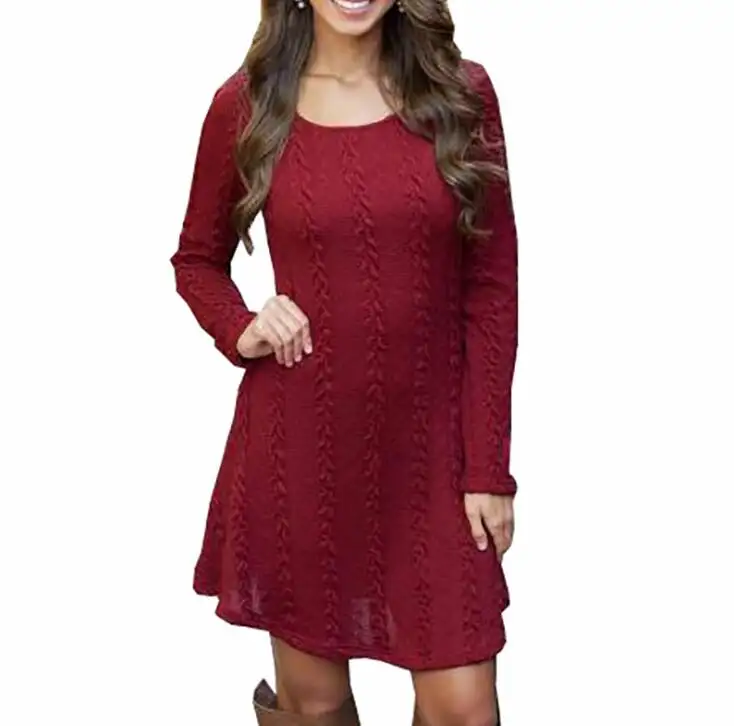 Vestido de manga larga con cuello redondo para mujer, suéter de punto de color liso con modelos de explosión de otoño e invierno, venta directa de fábrica