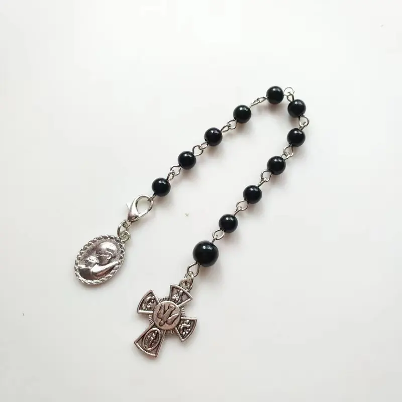 Gelang manik kaca hitam tasbih rosario Kristen perhiasan relijius salib Yesus grosir