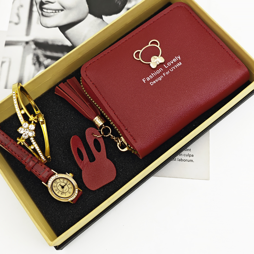 Reloj rojo y dorado + reloj + pulsera + cartera + caja de regalo