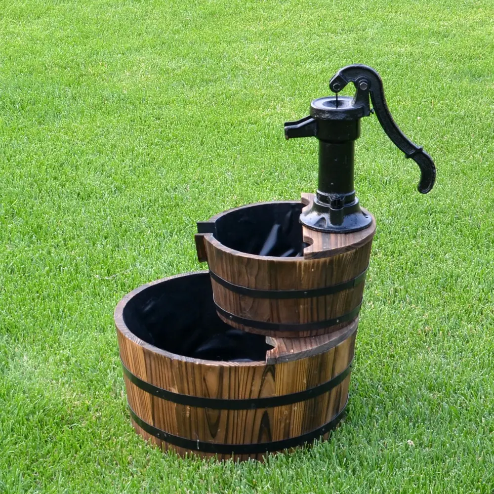 Fontaine à eau à baril en bois à Double étage avec pompe en métal à l'ancienne et moteur sous-eau