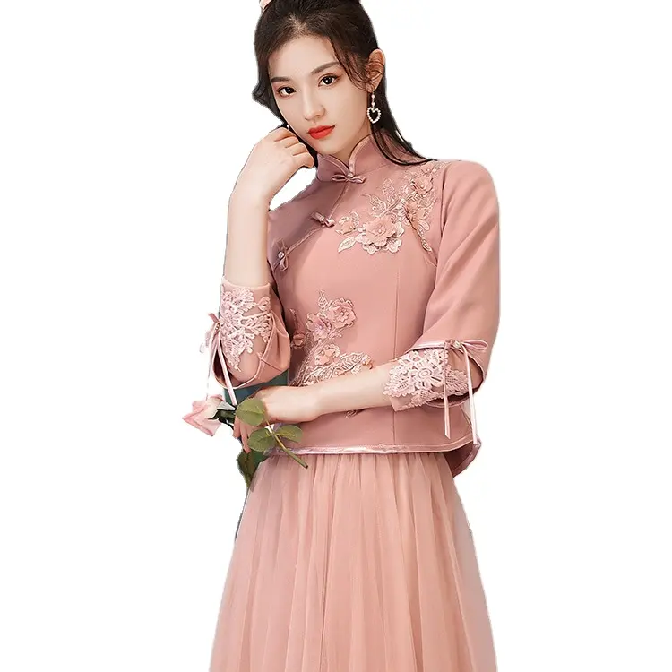 4036B Robe de demoiselle d'honneur chinoise femmes 2023 nouveau gris rétro style chinois grande élégante robe de groupe soeur de mariage
