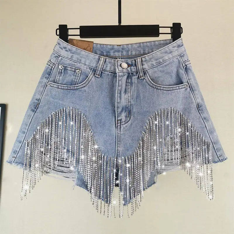 2023 Hot Streetwear Casual Strass Cintura Alta Frisada Lantejoula Blingbling Magro Booty Franjada Denim Rasgado Jeans Das Senhoras Shorts