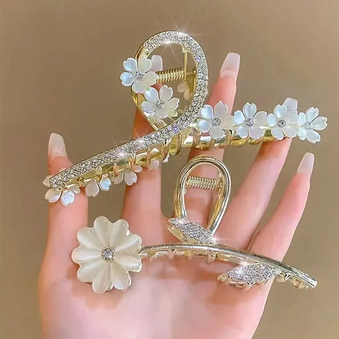 Fermaglio per capelli da donna con fiore d'oro-forcina di grandi dimensioni con strass e Design a Clip di squalo