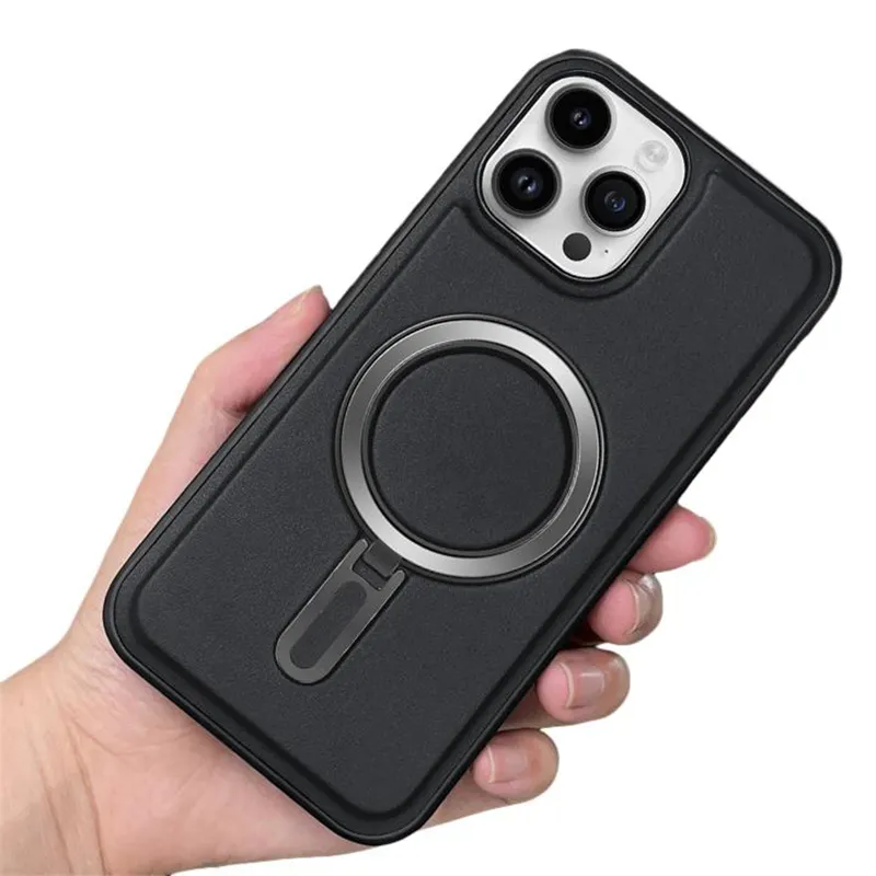 Luxus Anti Finger abdruck Leder Handy hülle Für iPhone 15 13 12 11 Pro Max 14 15 Plus Unsichtbarer Metallring halter Magnet abdeckung