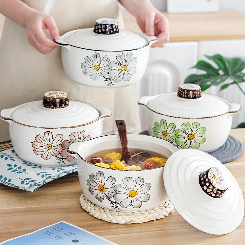 Wholesale Bulk Flower Decor 4Pcs Kitchen Stock Pots Set Handles Ceramic Stockpots with Lid