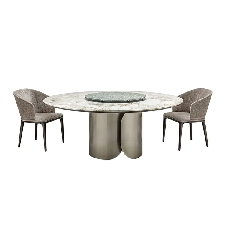 Modern design golden metal 8 seater sintered stone marble top circular dining tables