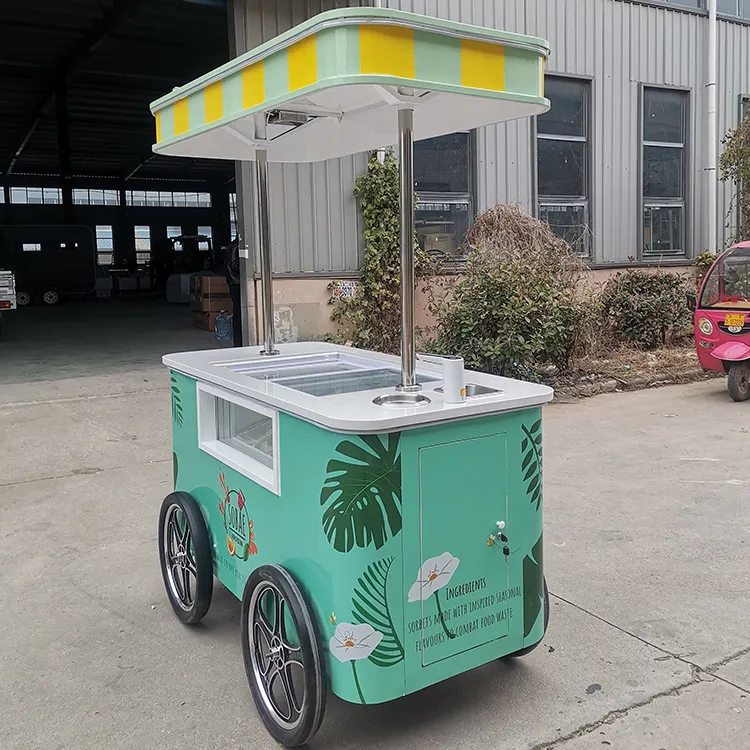 Mini carrito de exhibición de helados congelados comercial Remolque Gelato Mexican Beach Congelador de helados Carrito de mano Carritos de empuje para helados