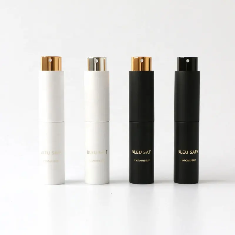 En stock mate negro blanco recargable 8ml 10ml giro plástico tamaño mini viaje oral líquido cosméticos perfume atomizador botella de spray